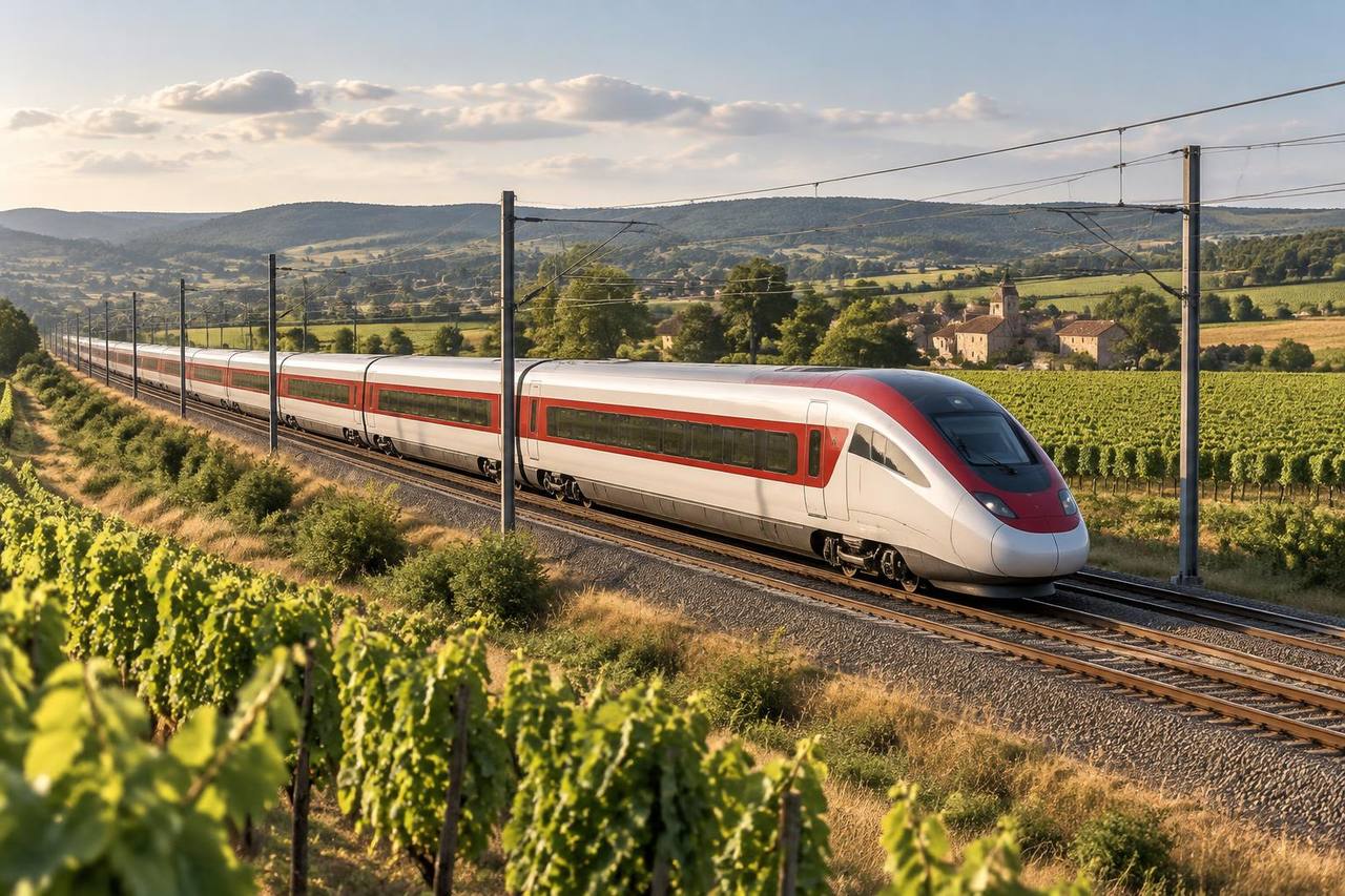Editorial illustration of an unbranded high-speed train crossing vineyard country in southwest France.