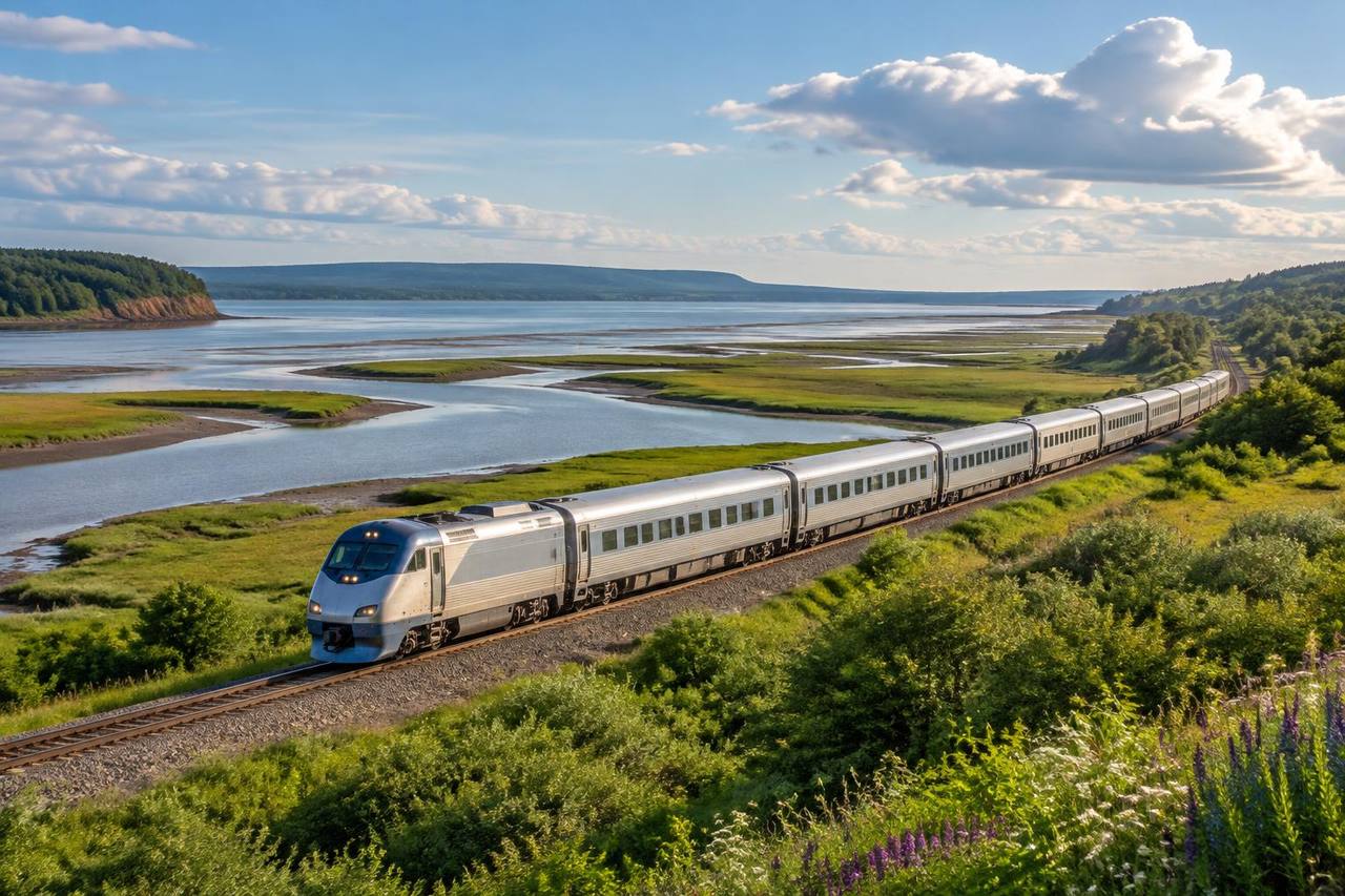 Silver overnight passenger train crossing Atlantic Canadian coastal marsh.