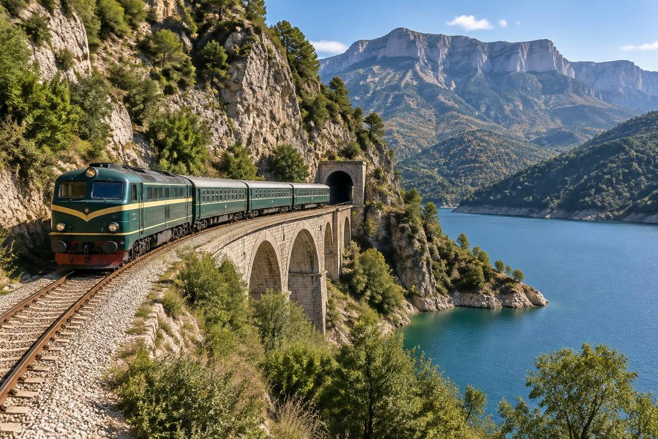 Heritage train beside a reservoir in the Catalan Pre-Pyrenees.