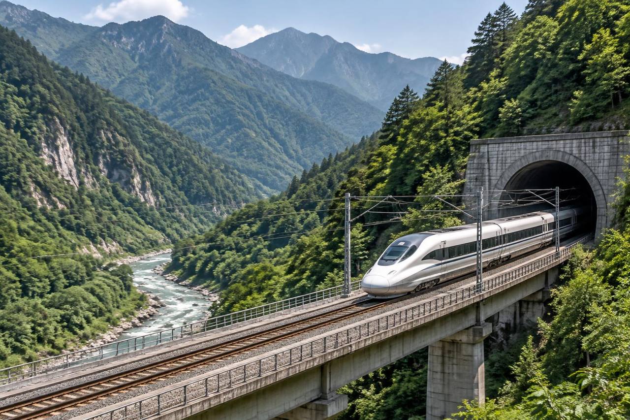 Modern high-speed train emerging from a tunnel in the forested Qinling corridor.