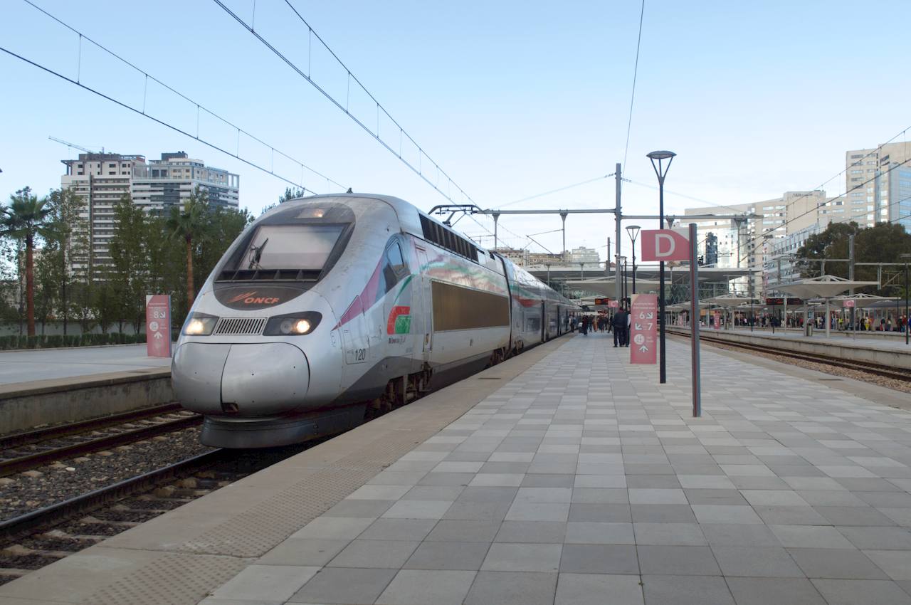 An Al Boraq high-speed train stands at Tangier Ville station.
