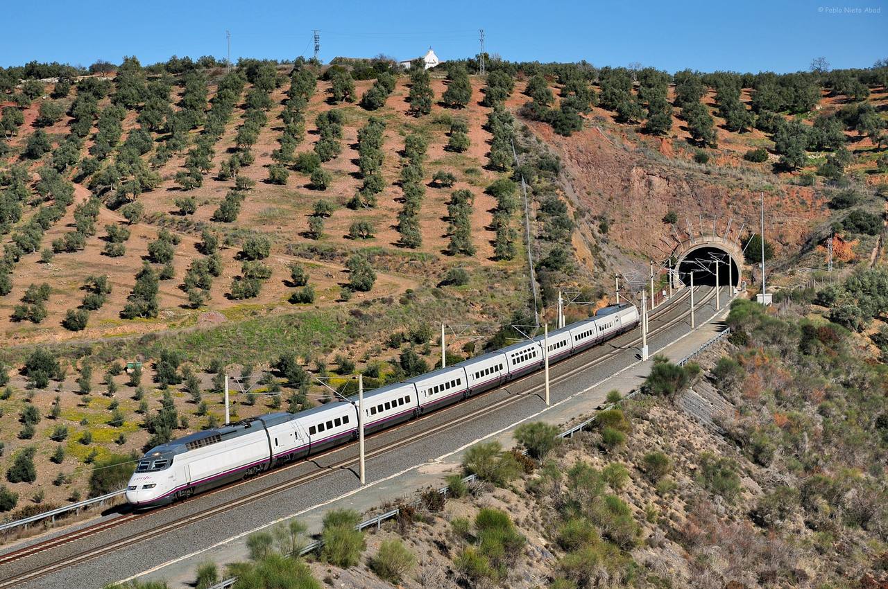 A Madrid–Seville AVE service passes through the Andalusian landscape near Adamuz.