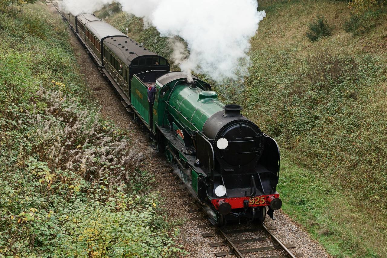 A Bluebell Railway steam locomotive running through a wooded cutting in Sussex.