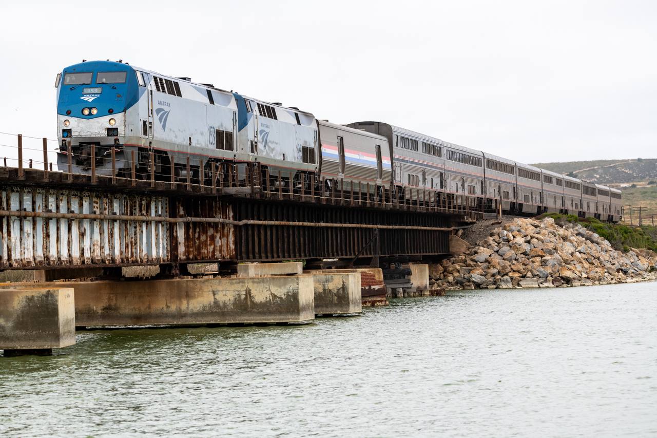 The Coast Starlight crossing the Santa Ynez River in California.