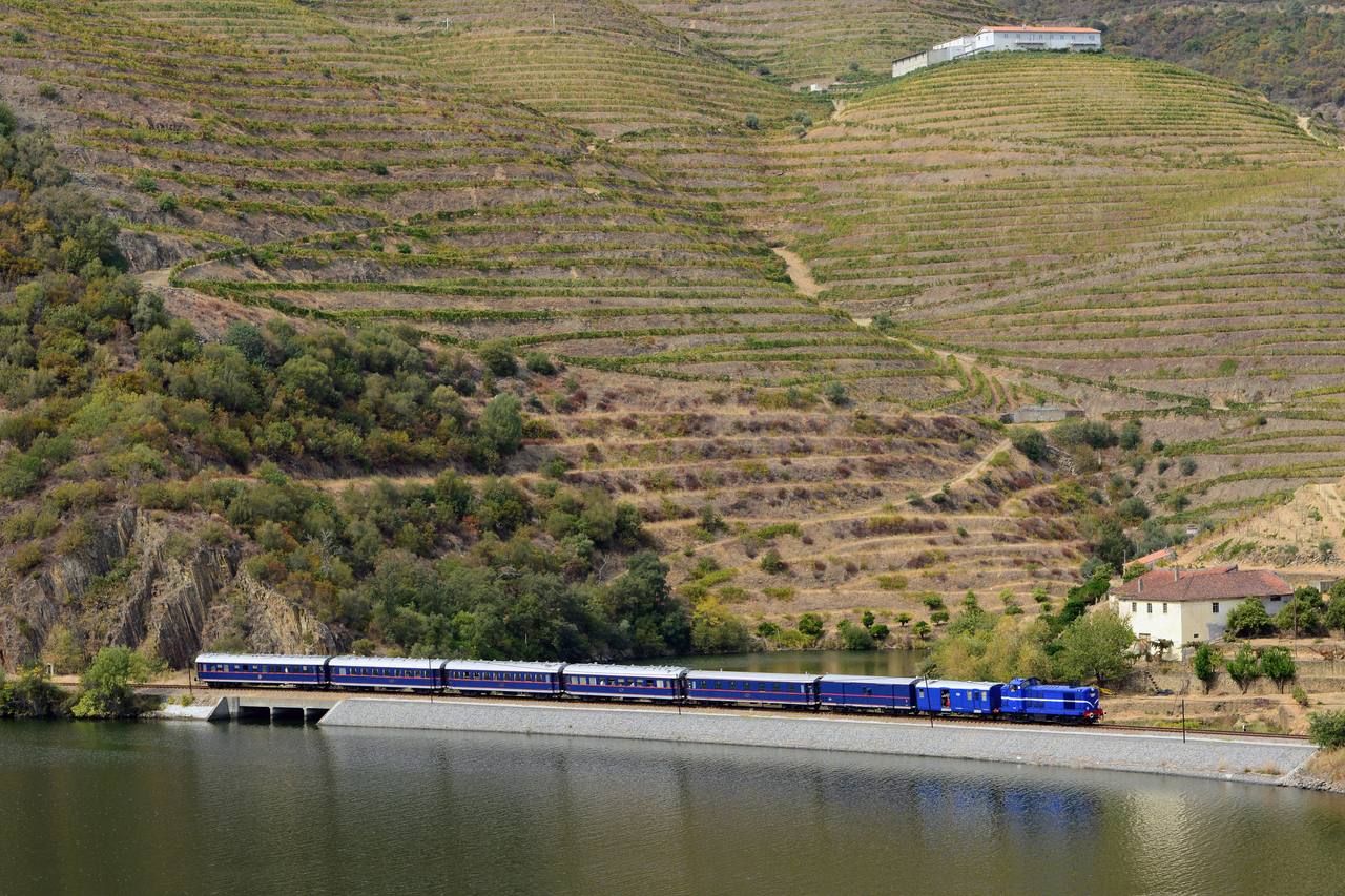 A passenger train following the Douro River beneath vineyard terraces.