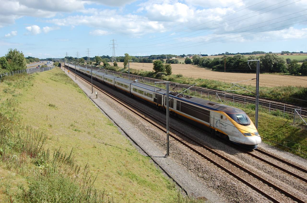 A Eurostar train on High Speed 1 near Sellindge in Kent.