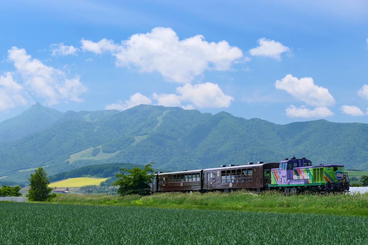 The Furano Biei Norokko train crossing farmland below Hokkaido mountains.
