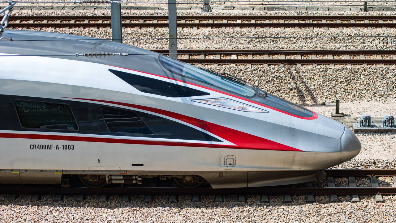 A CR400AF-A high-speed train running on the Guangzhou–Shenzhen–Hong Kong Express Rail Link.