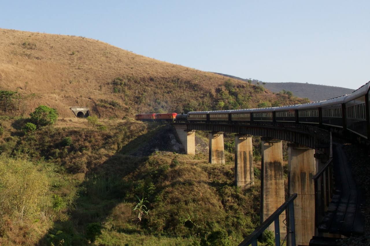 A Rovos Rail train crossing the Mpanga River bridge on the TAZARA route in Tanzania.