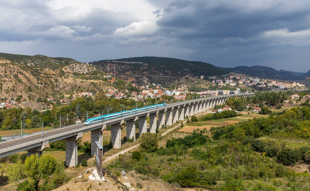 A TCDD HT80000 high-speed train on the viaduct at Bilecik on the Ankara-Istanbul line.