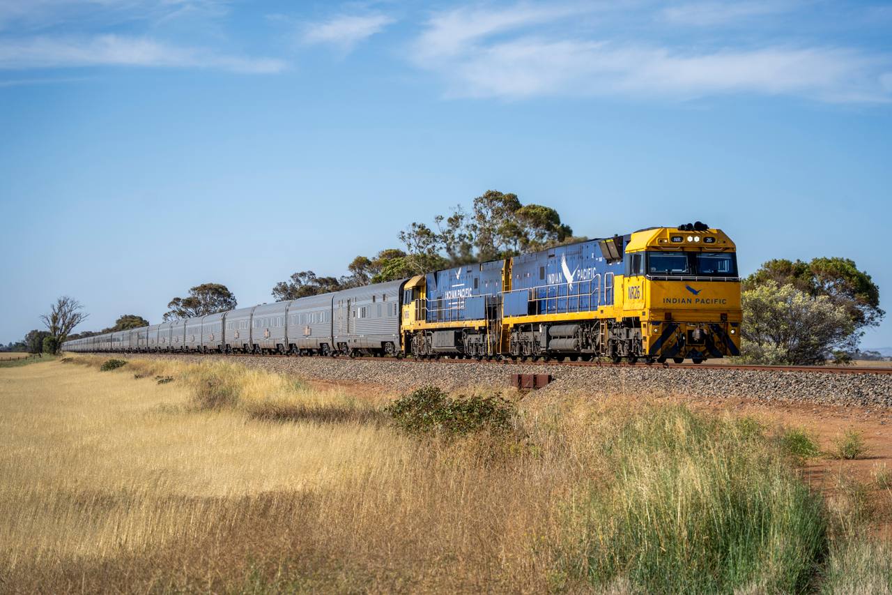 Indian Pacific passenger train travelling through Mallala, South Australia, on its Perth-to-Adelaide journey in November 2025.