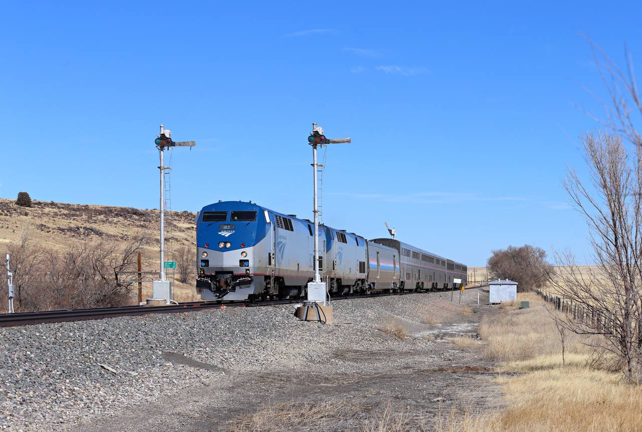 Westbound Amtrak Southwest Chief passing Wagon Mound, New Mexico.