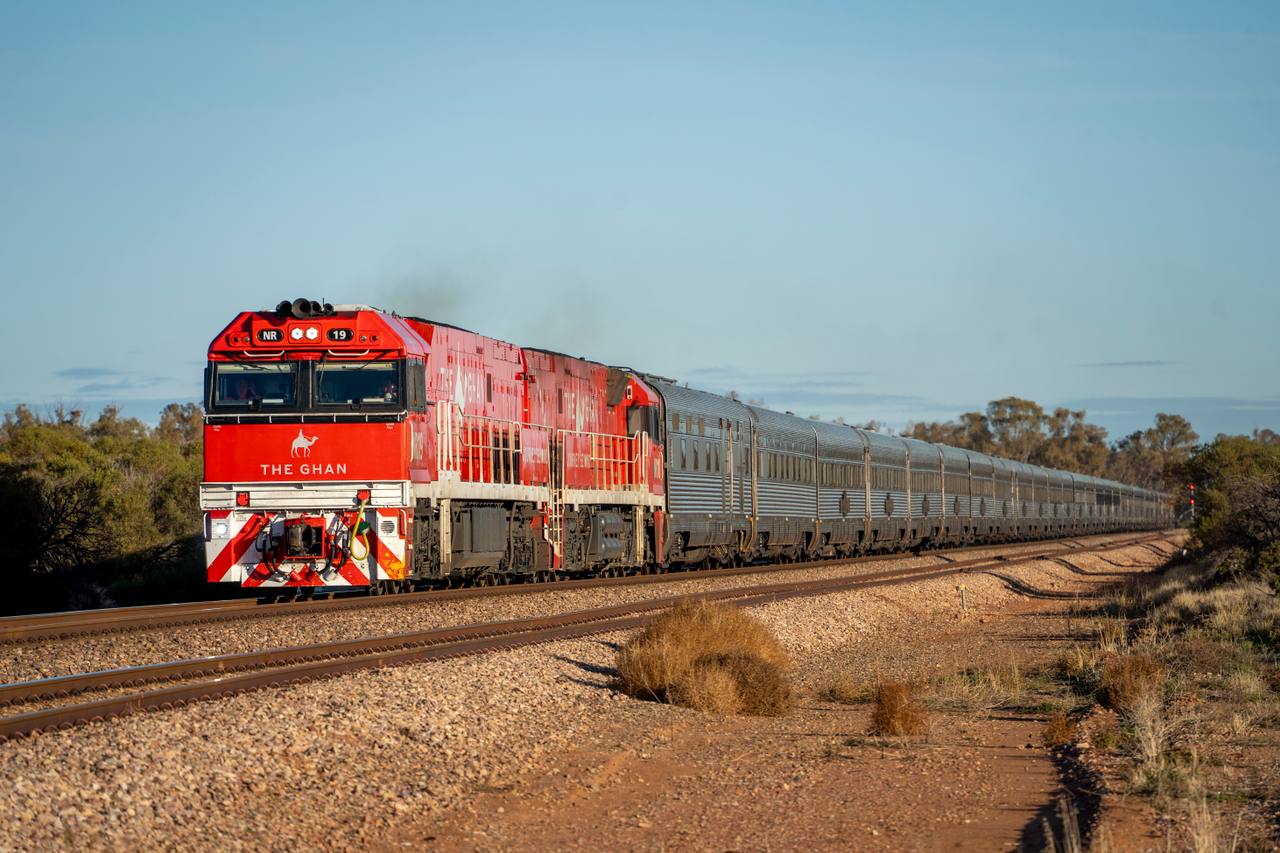 The Ghan passenger train in South Australia, hauled through the landscape near Nectar Brook.