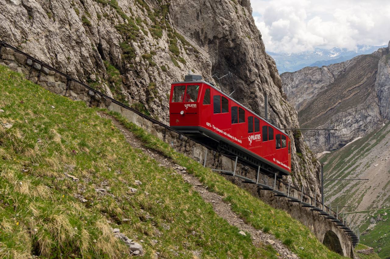 A Pilatus cogwheel train climbing the mountain railway.
