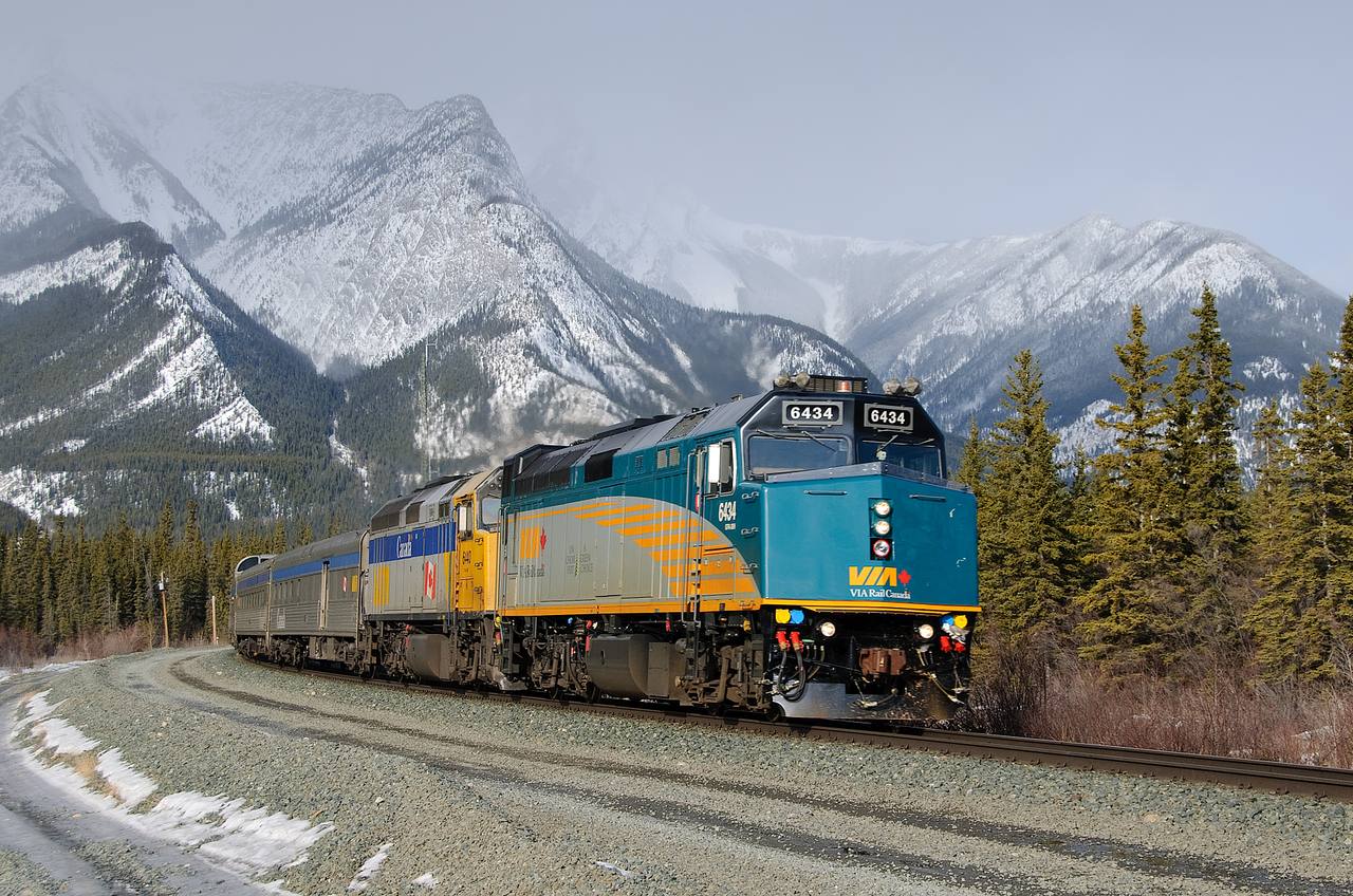 VIA Rail’s Canadian travelling through the Rocky Mountains near Jasper.