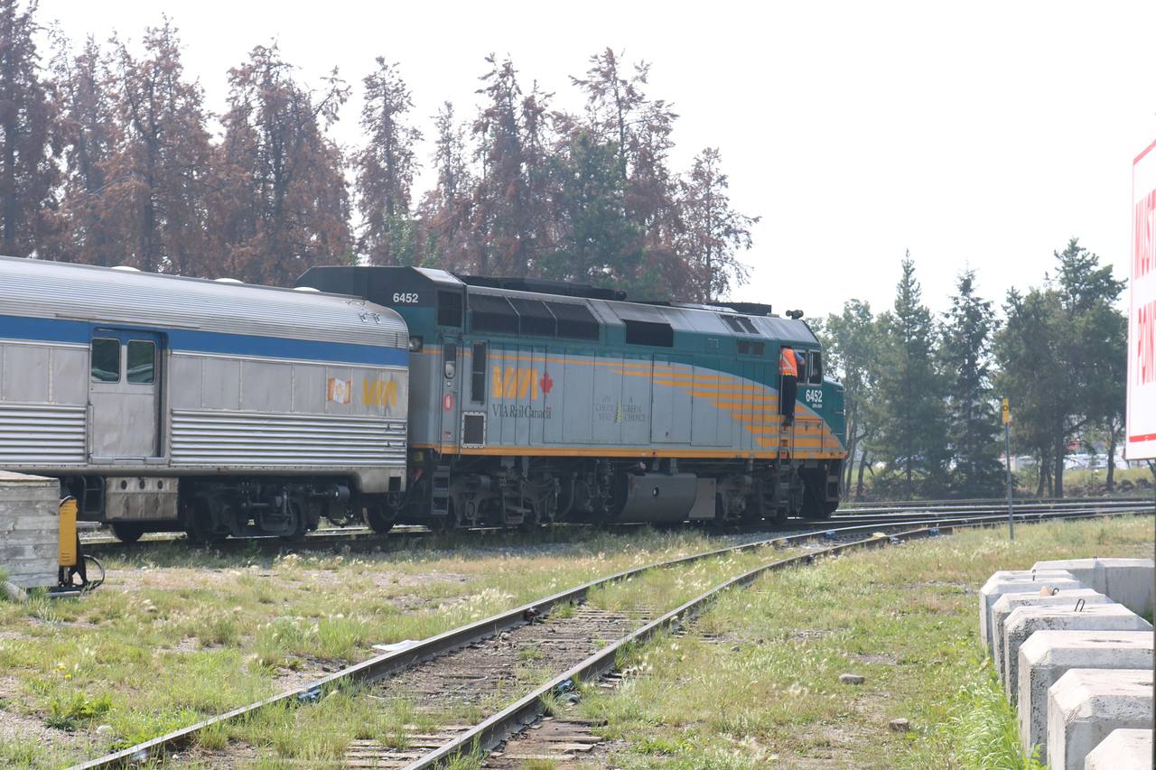 VIA Rail Jasper–Prince Rupert train leaving Jasper through the Canadian Rockies.