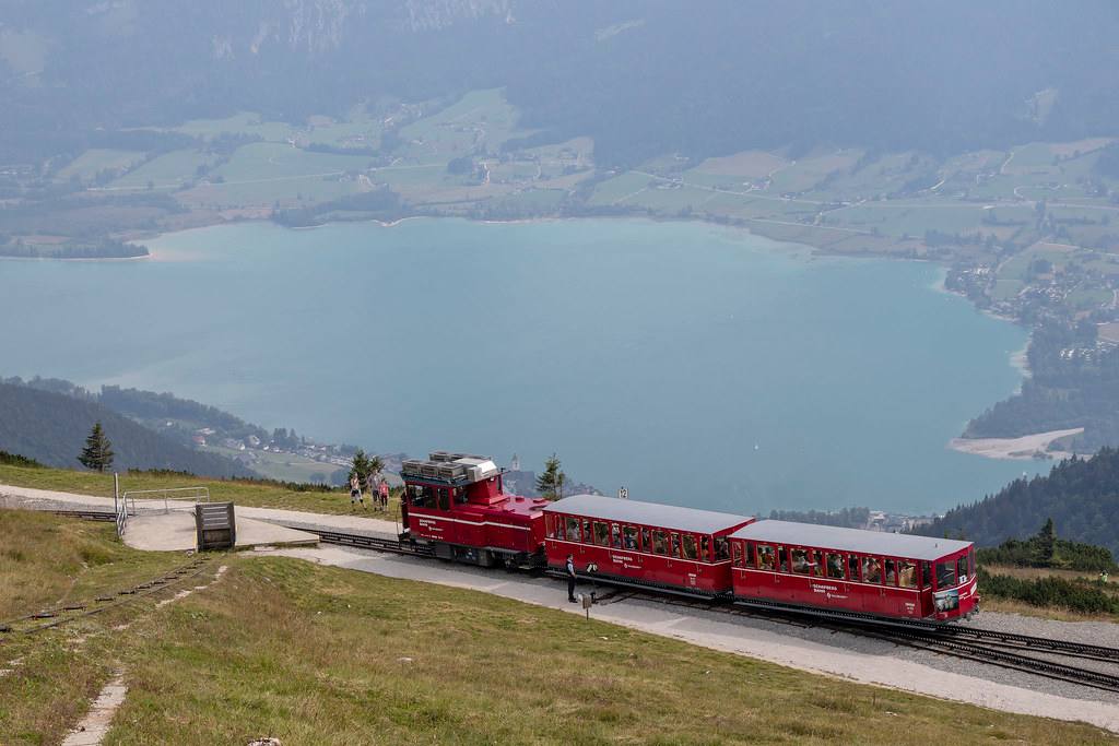 A Schafberg mountain railway train in Austria.